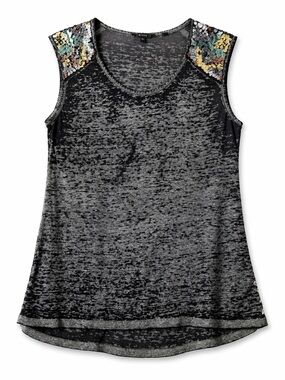 Guess Burnout Tank Top Sequin Shoulder Sleeveless Gray Black Size XS